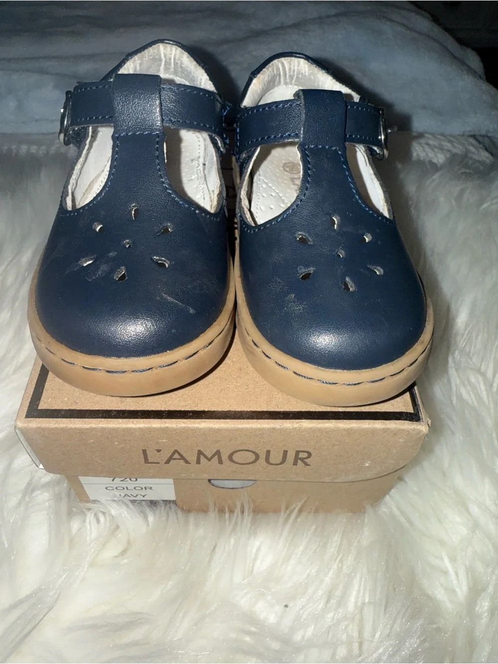 L'Amour Navy T‑Strap Kids Dress Shoes with Tan Sole
